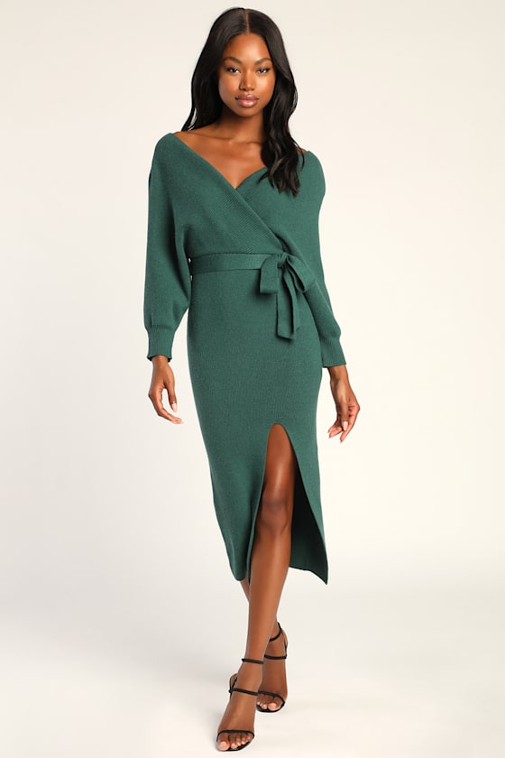 Fall into Fashion Dark Green Dolman Sleeve Sweater Midi Dress 2