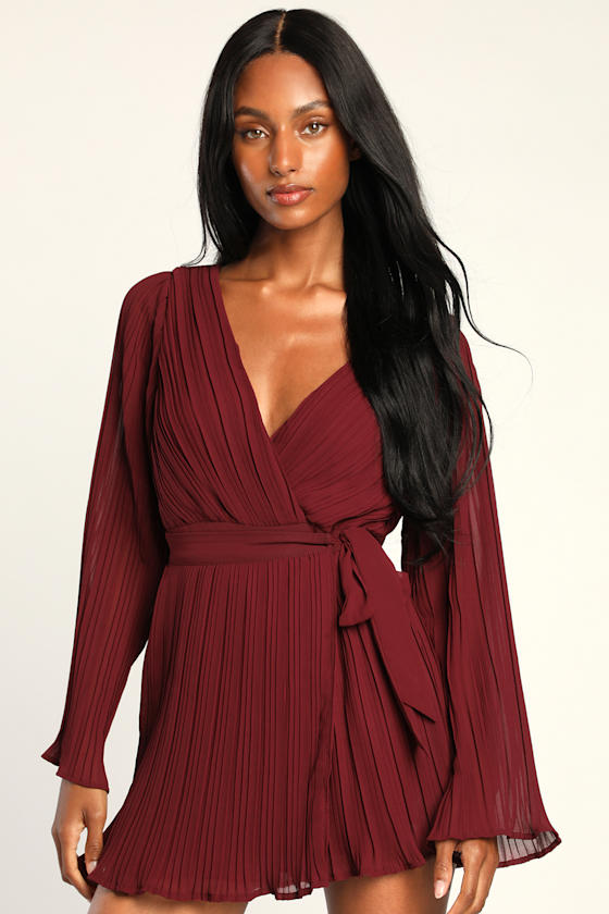Burgundy Skort Romper - Pleated Romper - Long Sleeve Romper - Lulus