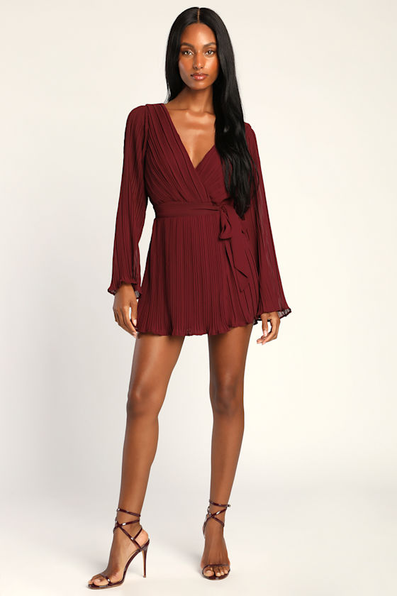 Burgundy Skort Romper - Pleated Romper - Long Sleeve Romper - Lulus