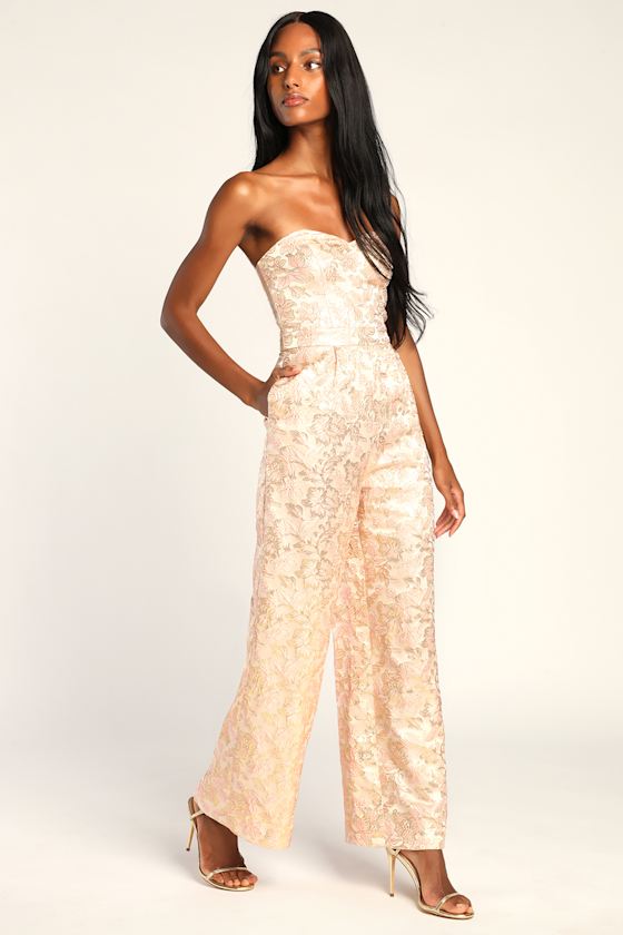 Stylish Signature Blush Gold Floral Jacquard Strapless Jumpsuit 4