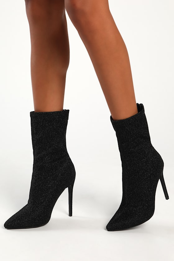 Odien Black Glitter Pointed-Toe Mid-Calf Sock Boots 1