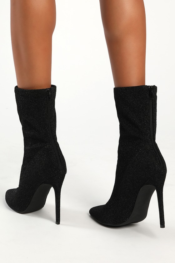 Black Glitter Boots - Mid-Calf Boots - Pointed-Toe Stiletto Boots - Lulus