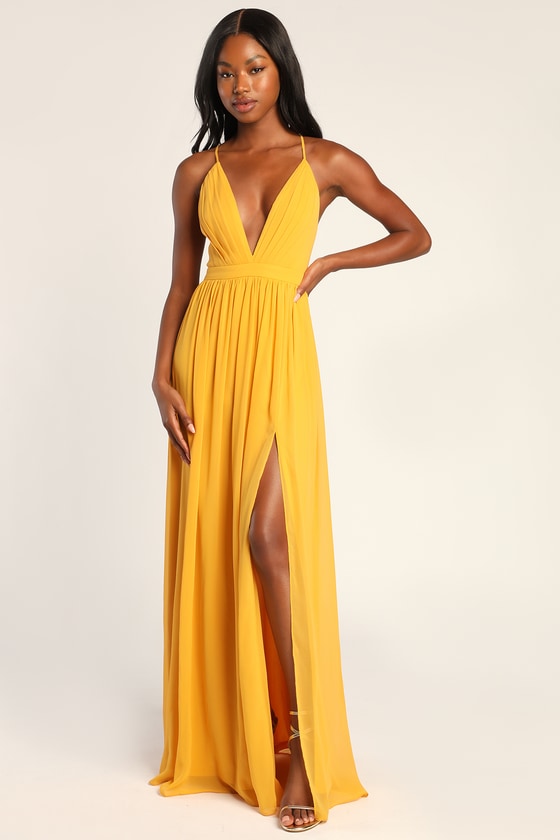 yellow pleated maxi dress