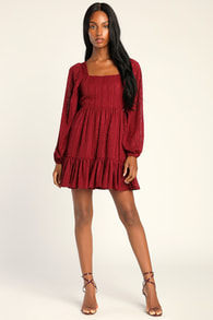 Only You and I Burgundy Long Sleeve Tie-Back Mini Skater Dress