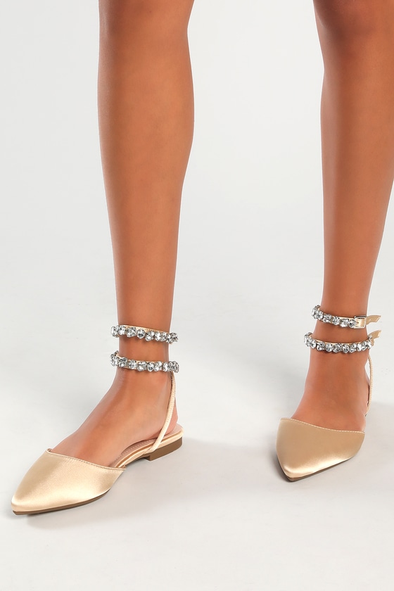 Lulus Boxton Champagne Satin Rhinestone Pointed-toe Ankle Strap Flats