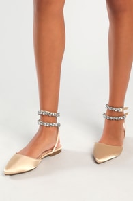 Boxton Champagne Satin Rhinestone Pointed-Toe Ankle Strap Flats