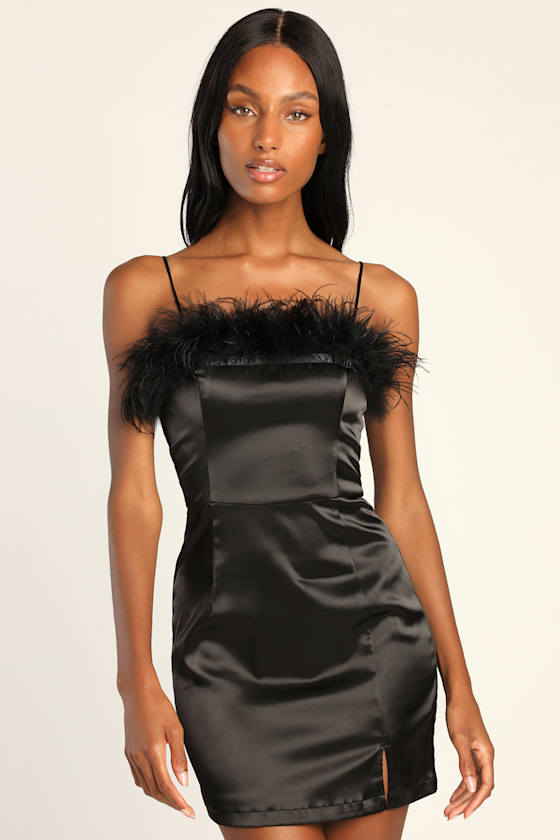 Feather With You Black Satin Feather Sleeveless Mini Dress 1
