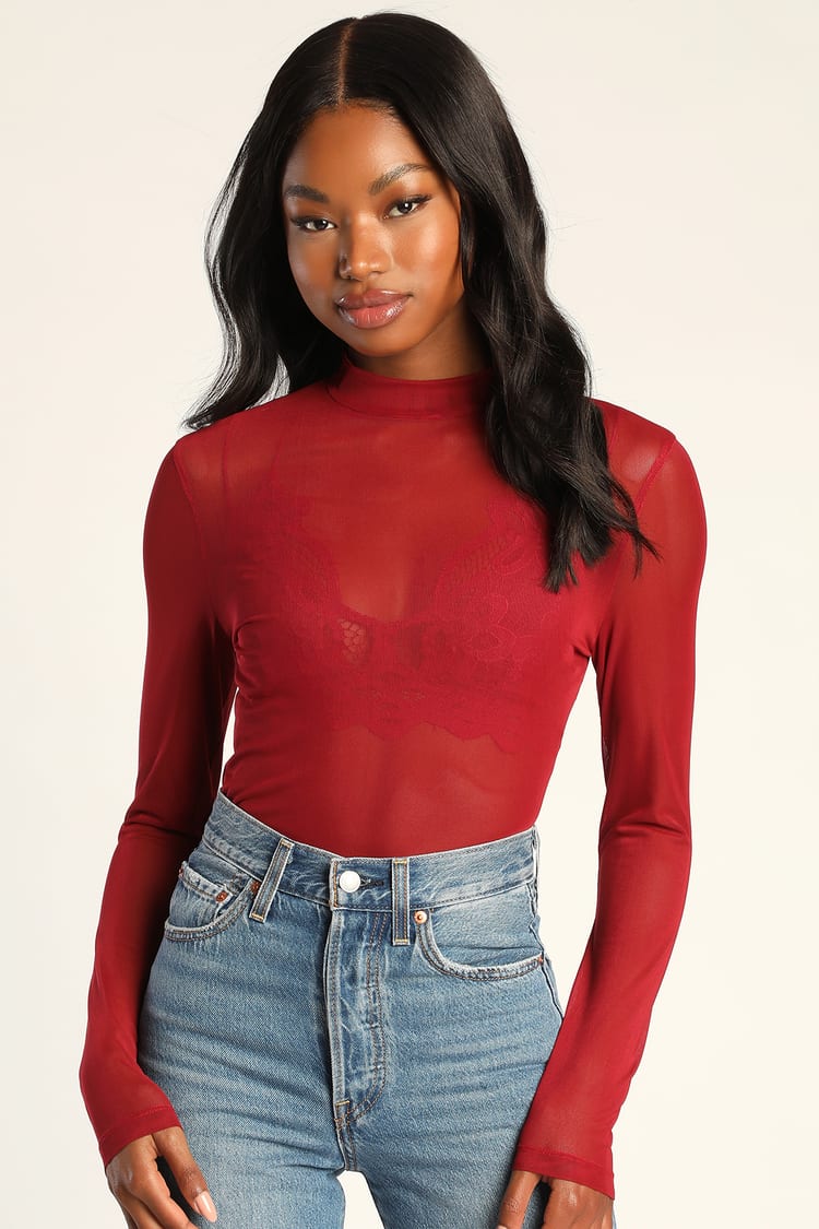 The Mesh is Yet to Come Red Mesh Mock Neck Long Sleeve Top