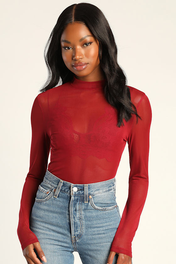 The Mesh is Yet to Come Red Mesh Mock Neck Long Sleeve Top 2
