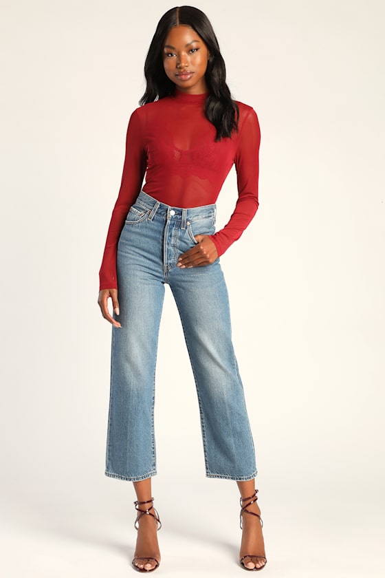 The Mesh is Yet to Come Red Mesh Mock Neck Long Sleeve Top 3