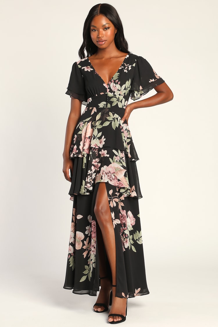 Midnight Mood Black Floral Print Tiered Maxi Dress
