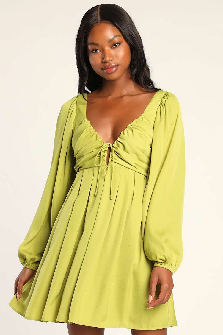 Satin Mini Dress - Light Green Long Sleeve Dress - Tie-Back Dress - Lulus