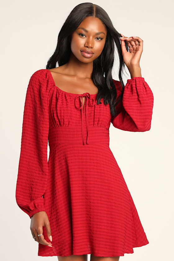 Burgundy Long Sleeve Dress - Mini Dress 