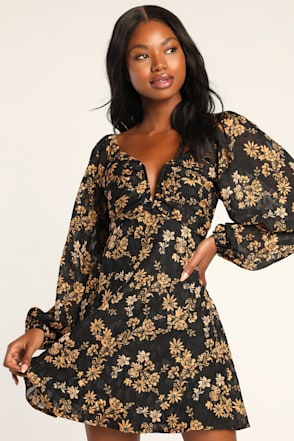 Black Floral Mini Dress - Balloon Sleeve Dress - Cute Mini Dress  