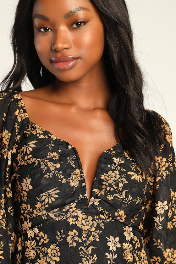 Dressed Up Darling Black Floral Balloon Sleeve Mini Dress 1