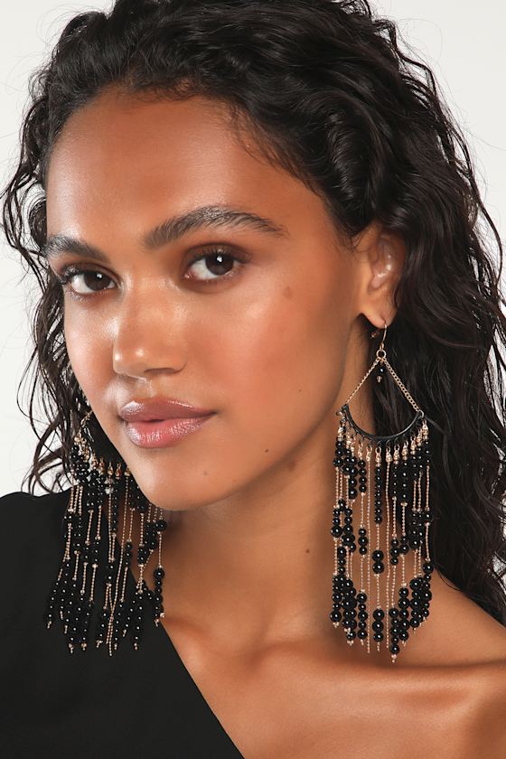 Chandelier Earrings Black Earrings Chain Fringe Earrings Lulus