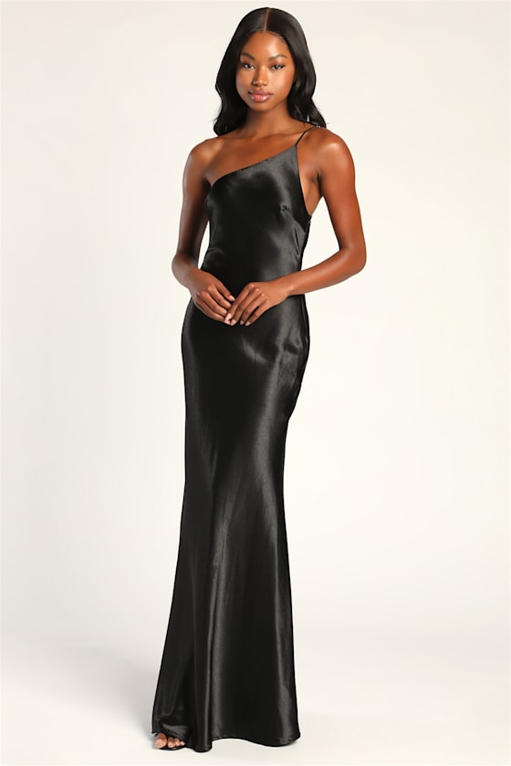 Black Satin V-neck Evening Gowns Long Slit Prom Dresses – alinanova