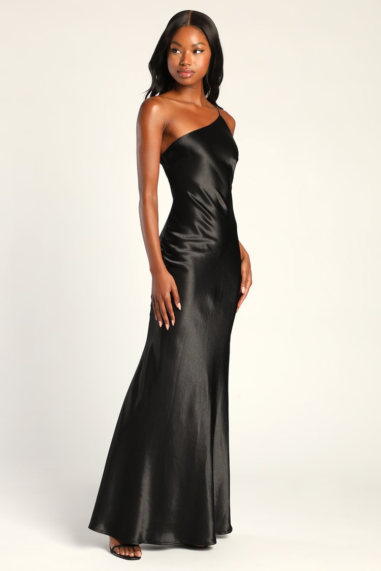 Forever Begins Now Black Satin One-Shoulder Maxi Dress