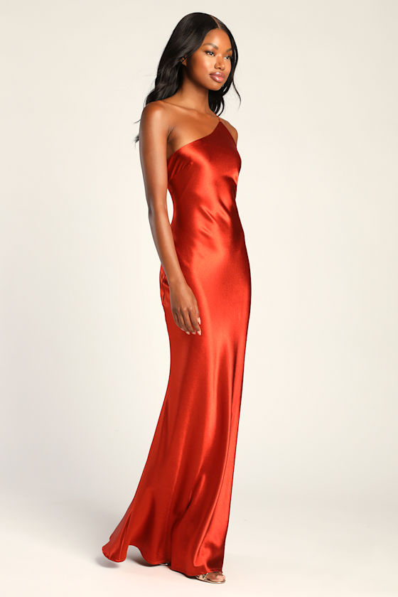 Forever Begins Now Rust Orange Satin One-Shoulder Maxi Dress 3