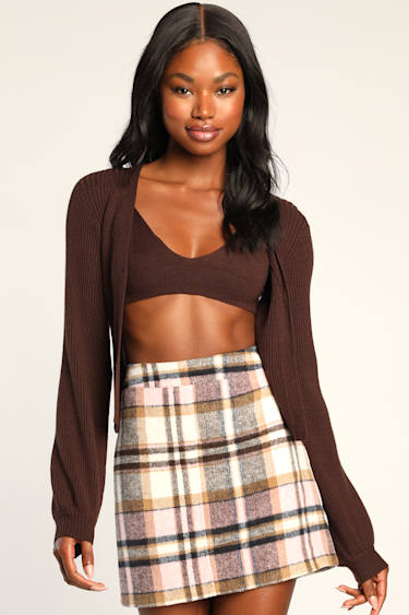 Plaid Mini Brown Pink Plaid Skirt Mini Skirt Light Pink Plaid