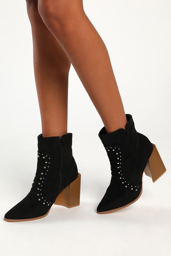 Lulus Blonby Black Suede Studded Ankle Booties