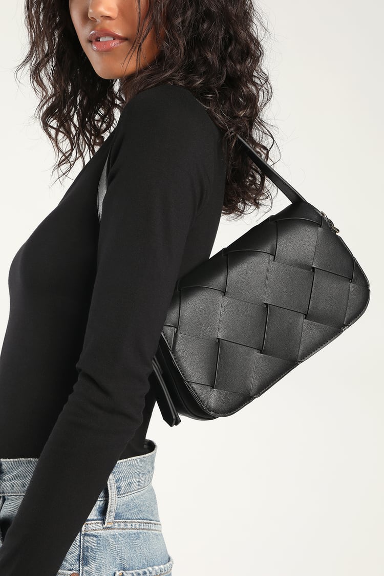 Black Woven Artificial Leather Diagonal Handbag/ Large capacity casual  shopping shoulder bag/ Surprise Gift for Her/