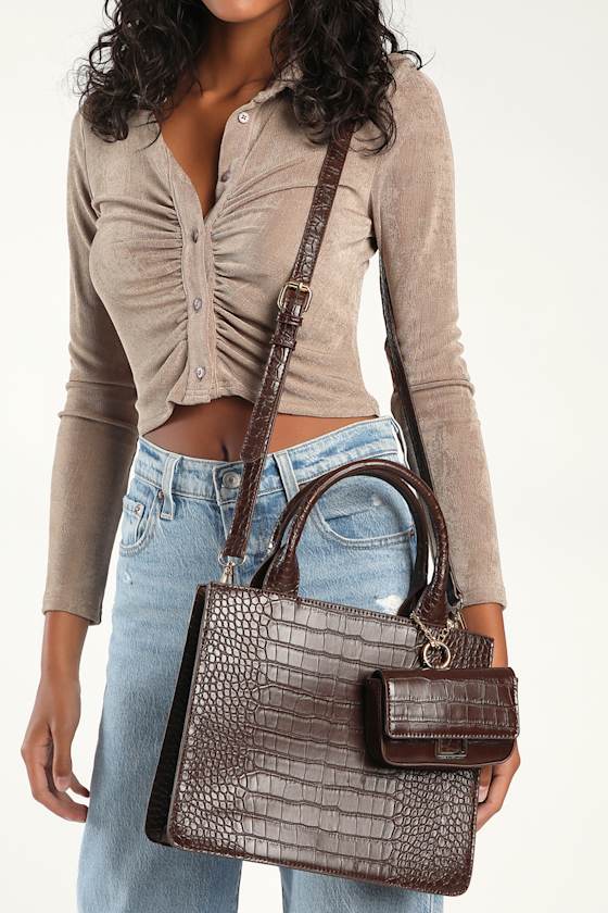 It Girl Essentials Chocolate Brown Crocodile Embossed Handbag 1
