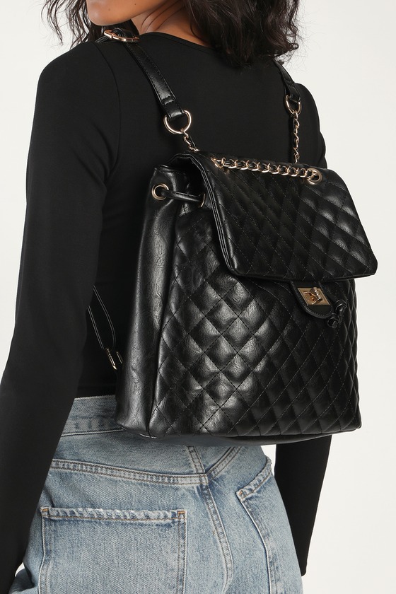 Black Vegan Leather Backpacks Twist Lock Quilted Bags