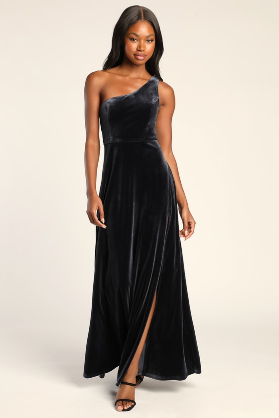 Dark Blue Formal Gown - Velvet Dress - One-Shoulder Gown - Lulus