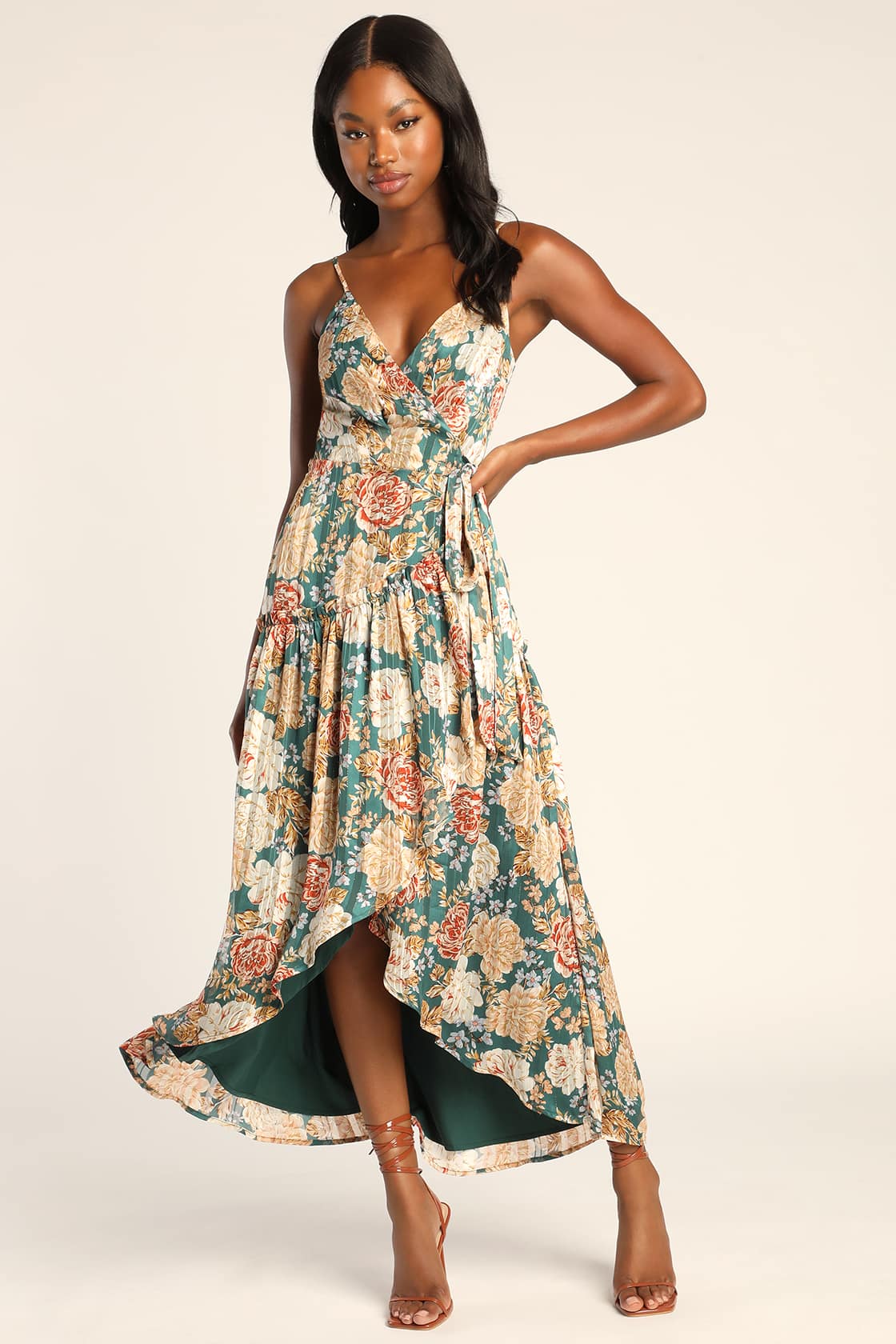 Green Floral High-Low Midi Dress by Lovedrobe
