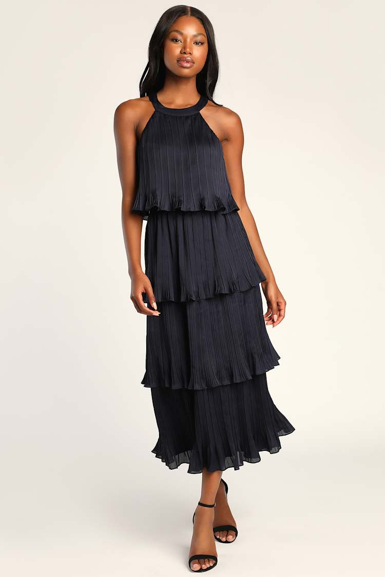 knee length dresses for ladies Satin Pleated Halter Midi Dress