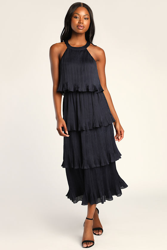 Tier and Far Navy Blue Tiered Pleated Halter Midi Dress 1