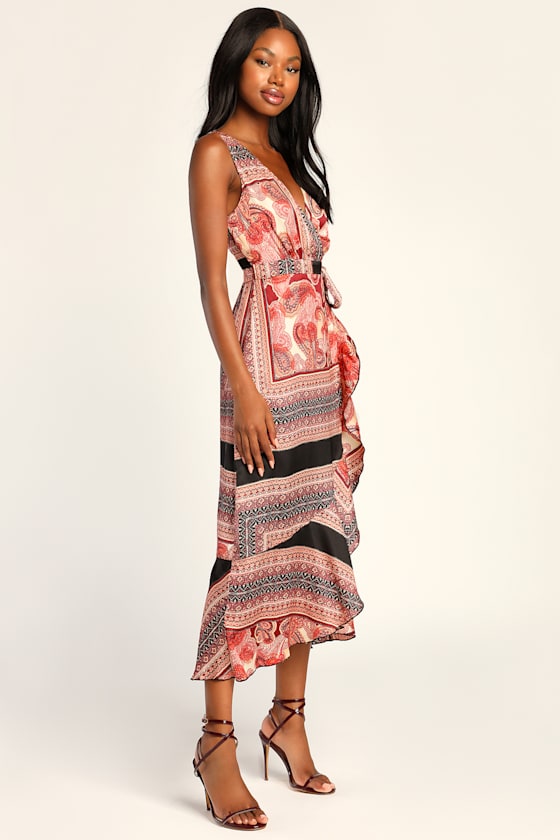 Red Multi Midi Dress - Satin Wrap Dress - Satin Scarf Midi Dress