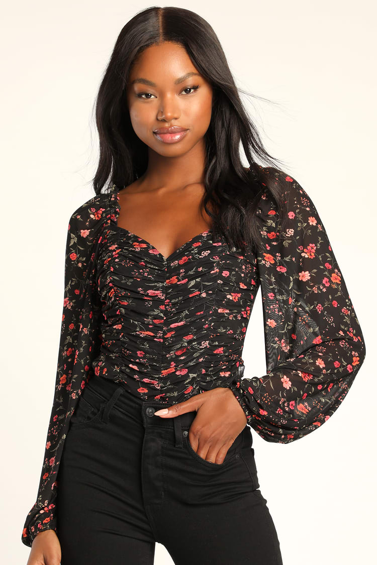 Blooming with Bliss Black Floral Ruched Long Sleeve Bodysuit
