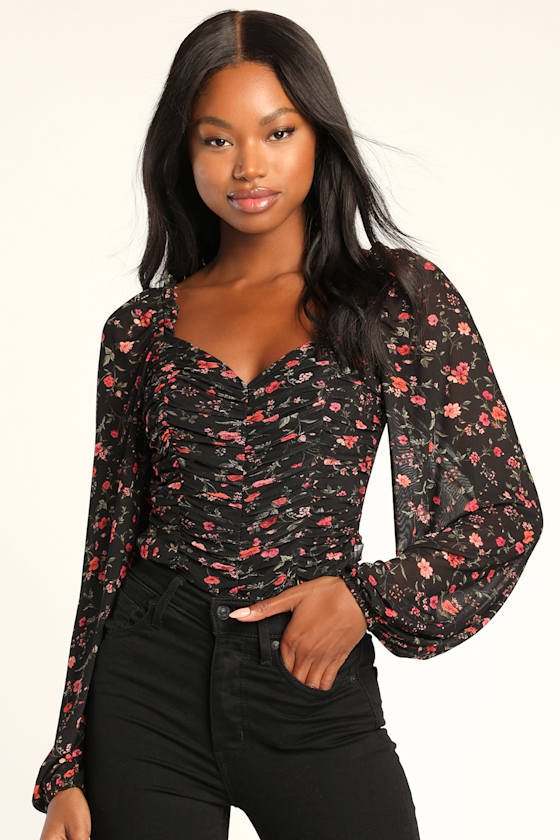 Black Floral Top Ruched Top Women's Top Long Sleeve Top Lulus
