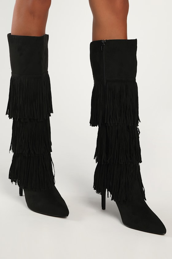 Shaniaa Black Suede Fringe Pointed-Toe Knee High Boots 2