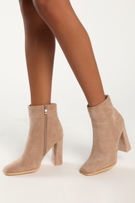 Andies Taupe Suede Mid-Calf Square Toe Booties