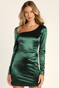 Flirty Features Emerald Green Satin Asymmetrical Mini Dress