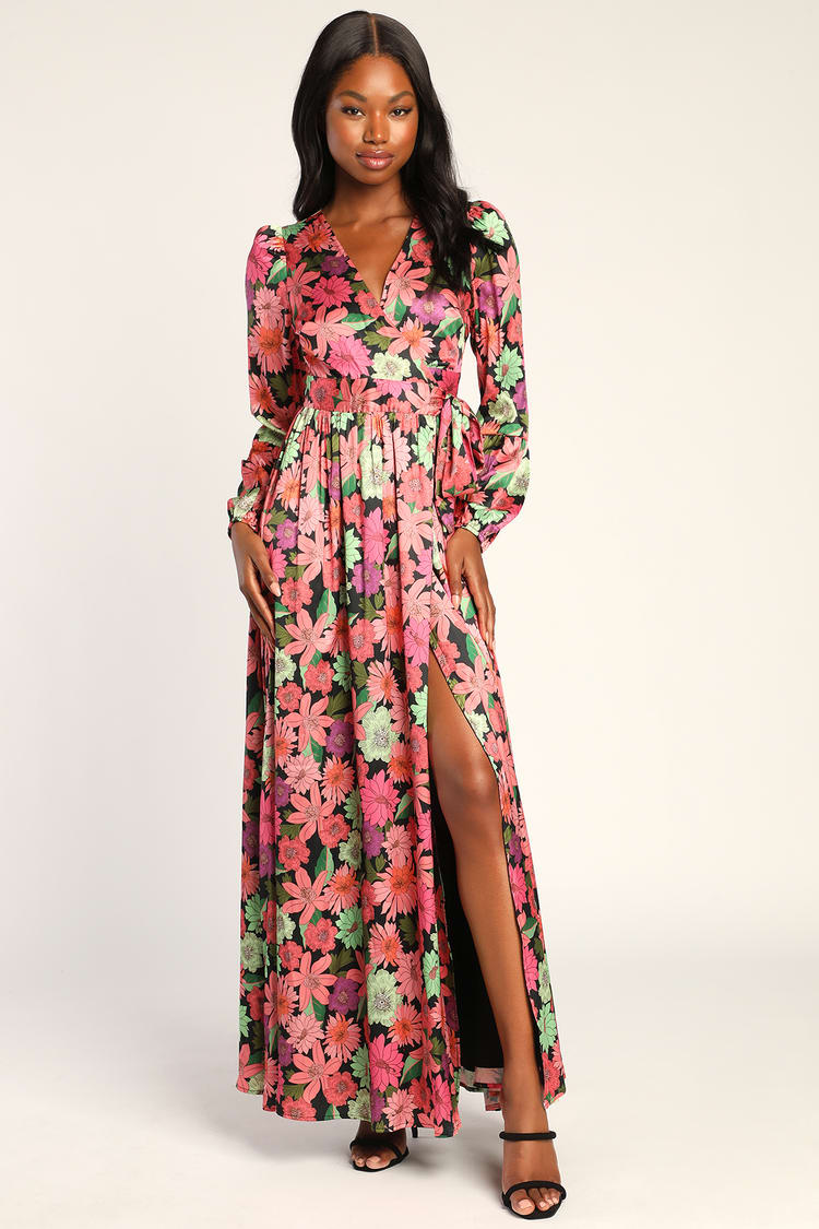 In the Groove Black Multi Floral Long Sleeve Wrap Maxi Dress