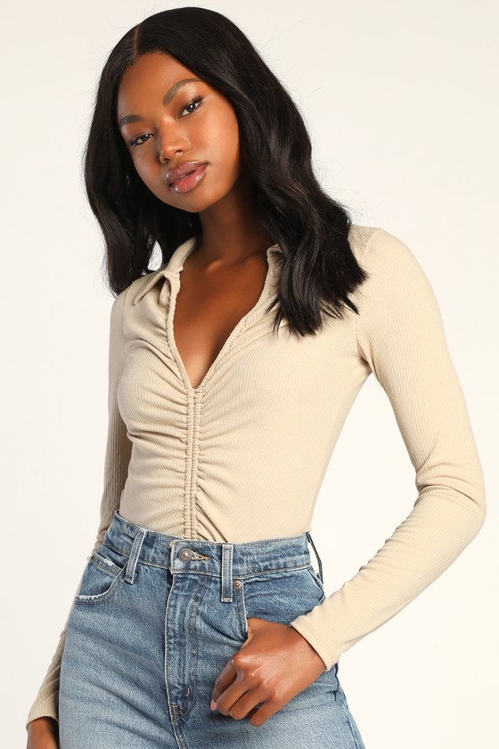 Beige Ribbed Bodysuit - Long Sleeve Bodysuit - Ruched Bodysuit - Lulus