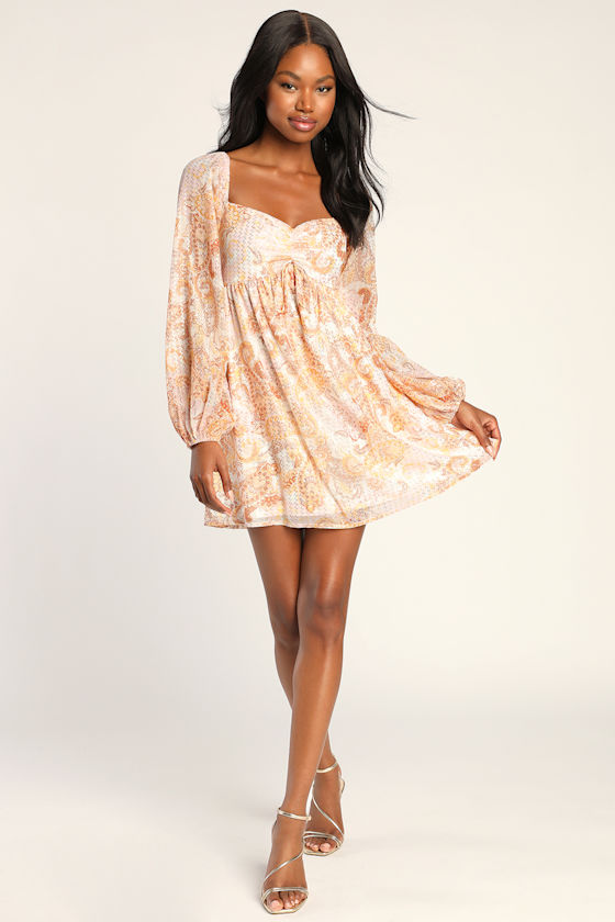 Light Orange Paisley Dress - Babydoll Dress - Metallic Mini Dress