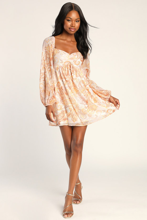 Light Orange Paisley Dress - Babydoll Dress - Metallic Mini Dress - Lulus