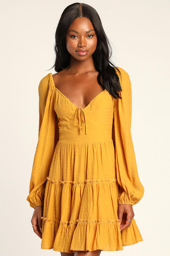 Yellow Tiered Dress - Balloon Sleeve Mini Dress - Tiered Dress - Lulus