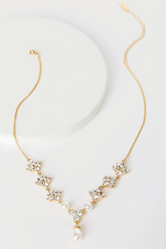 14k Gold Choker Necklace - Rhinestone and Pearl Necklace