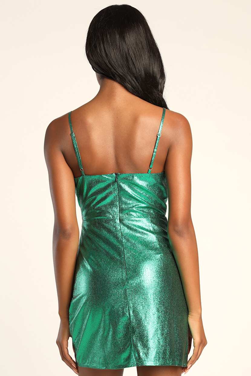 Green Shiny Mini Dress - Gathered Mini Dress - Metallic Dress - Lulus