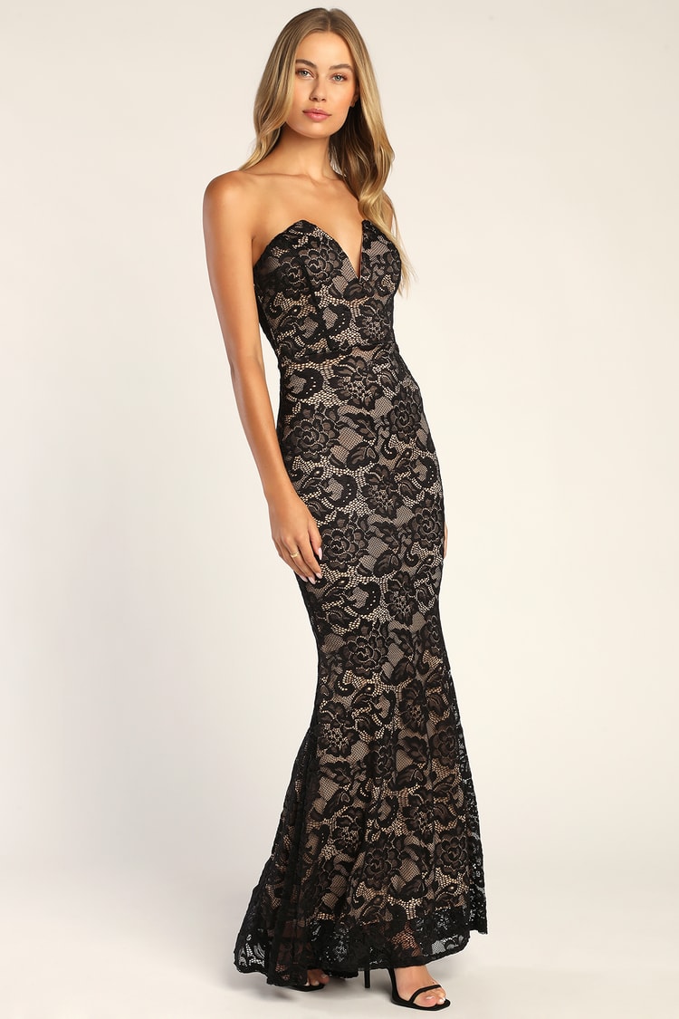Sexy Sophistication Black Lace Strapless Trumpet Maxi Dress