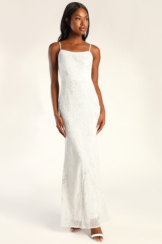 white dress with v back White Long Lace Deep V Neck Dress With Lace Up Back