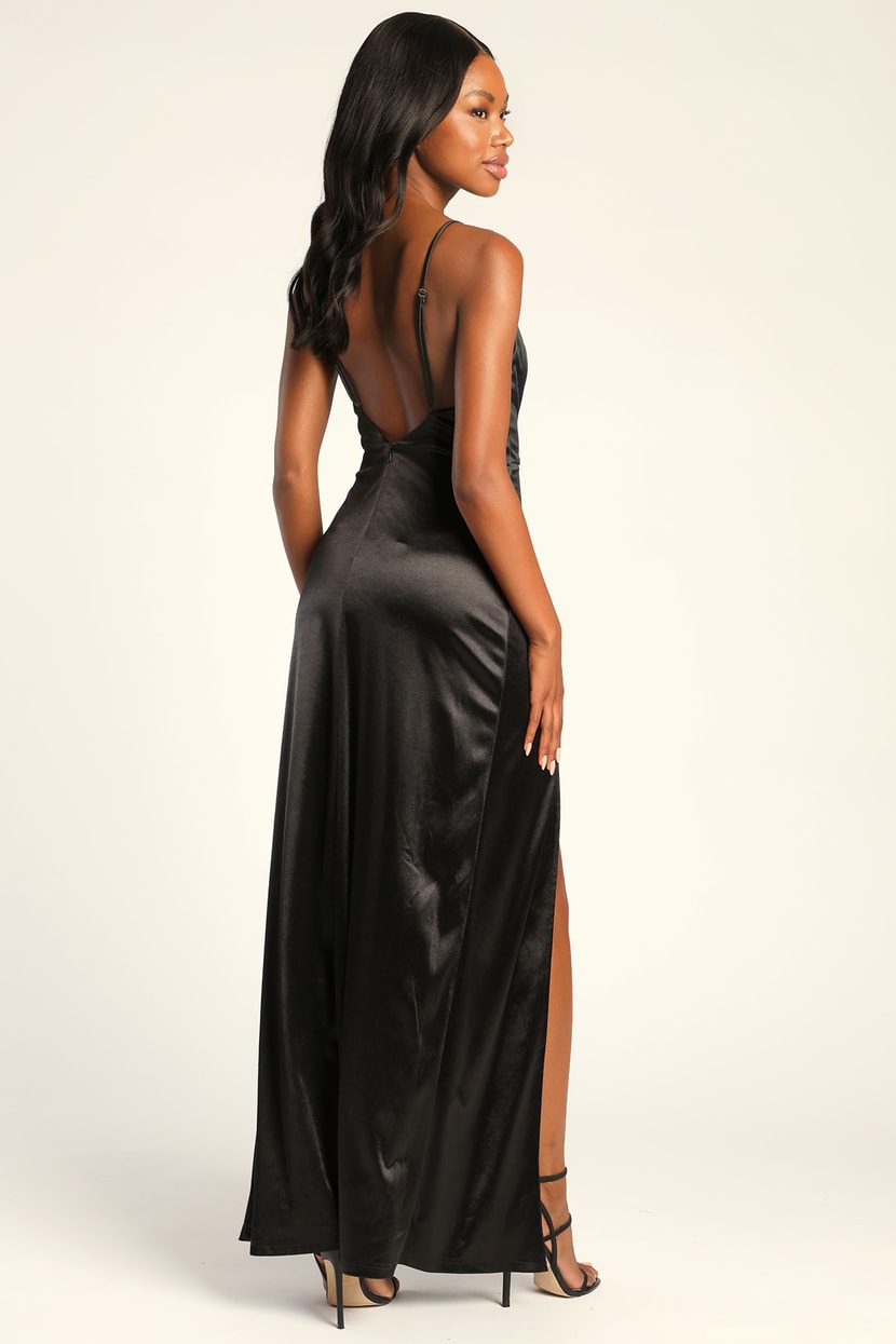 Sultry Sophistication Black Satin Backless Maxi Dress