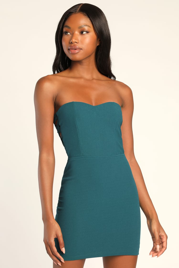 Side of Sultry Teal Strapless Cutout Bodycon Mini Dress