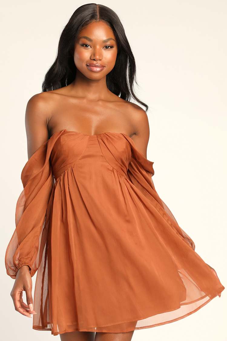 Rust Brown OTS Dress - Chiffon Mini Dress - OTS Long Sleeve Dress - Lulus Rust Brown OTS Dress - Chiffon Mini Dress - OTS Long Sleeve Dress - Lulus